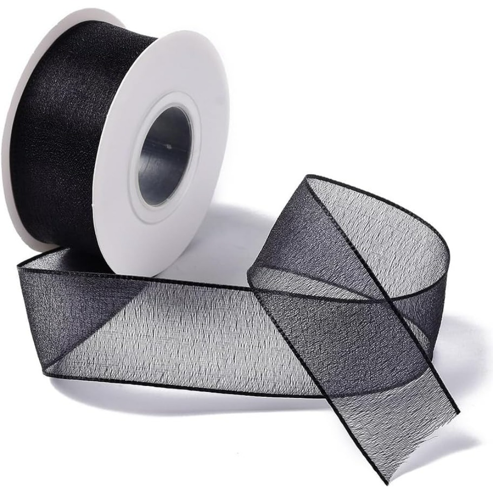 Organza Ribbon Spool - 1 inç Siyah Organze Kurdele Kablolu