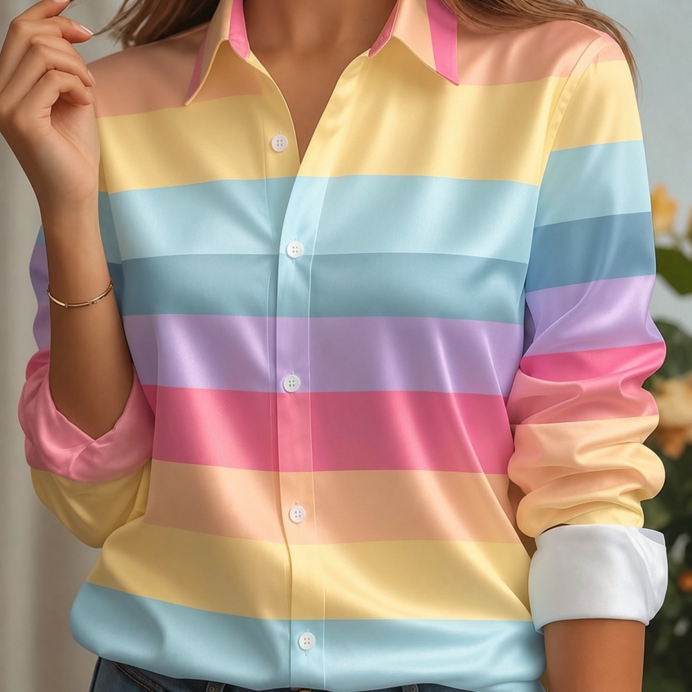 Embellish Knit - Kadın Saten Yaka Gömlek Pastel Çizgili